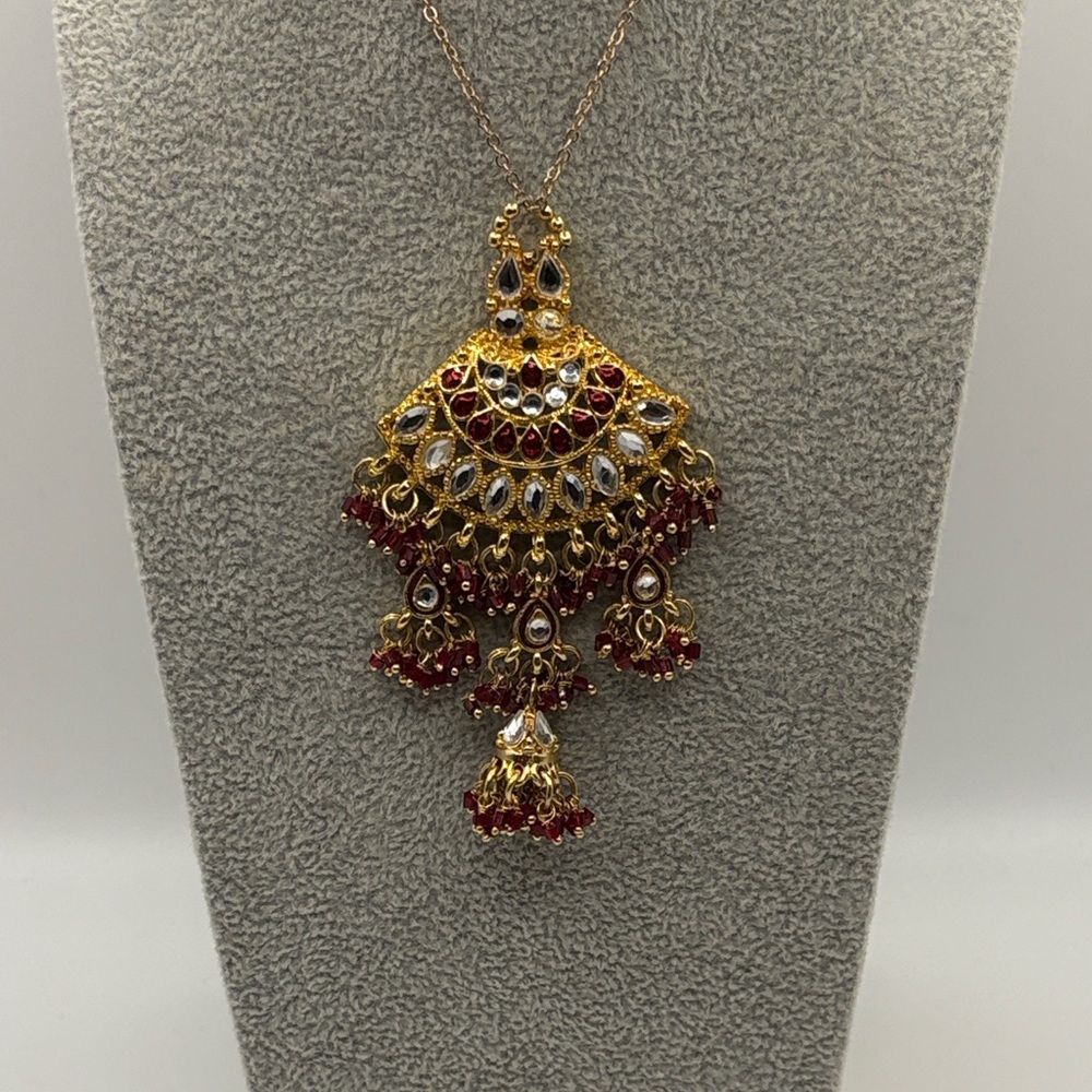 Elegant Gold Plated Indian Rhinestone Red Chandelier Necklace - Picture 2 of 5